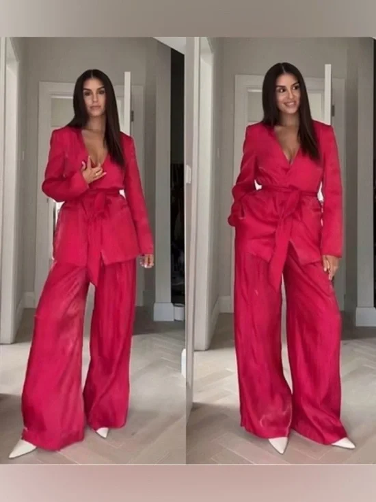 Zara NEW Crinkle Satin Blazer and Wide Leg Trousers SET Fuchsia Pink XS Shiny - Picture 3 of 15